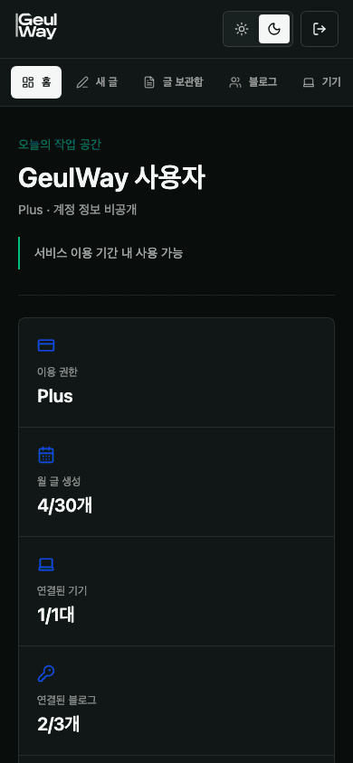 GeulWay 실제 대시보드 홈의 이용 권한, 글 생성 현황, 연결 기기와 최근 작업 화면